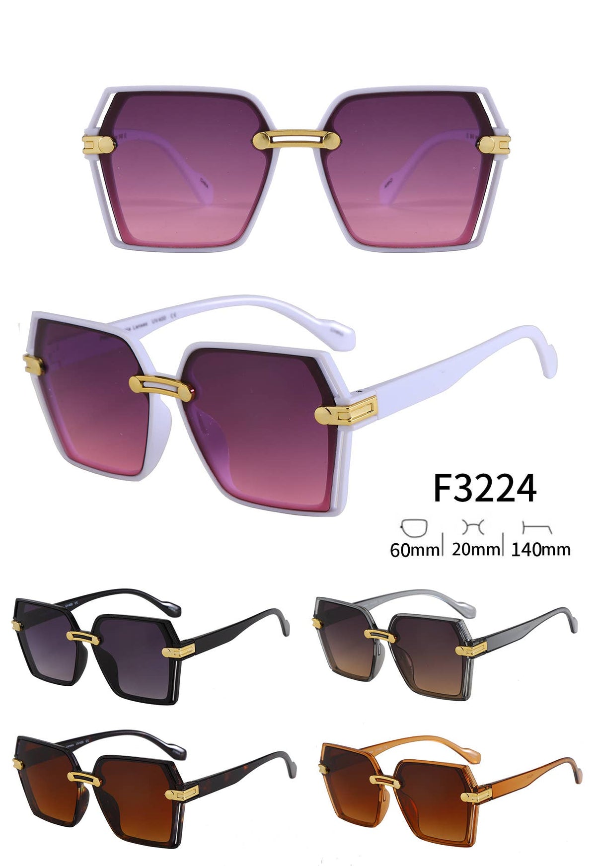 F3224, Large Trendy Frame With Gold Decor Arm Sunglasses